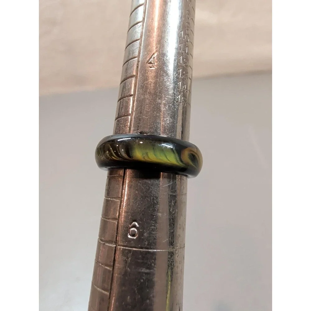 Art Glass Swirl Ring Black Green Amber Orange Chunky Band Size 5.5